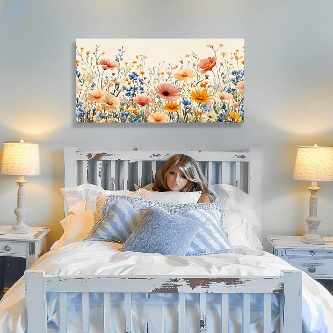 KZKU Floral Canvas Wall Art Wildflower Garden Print 20x40 inches Pink Yellow Blue Watercolor style Flower Picture for Bedroom Living Room Artwork Home Wall Decoration