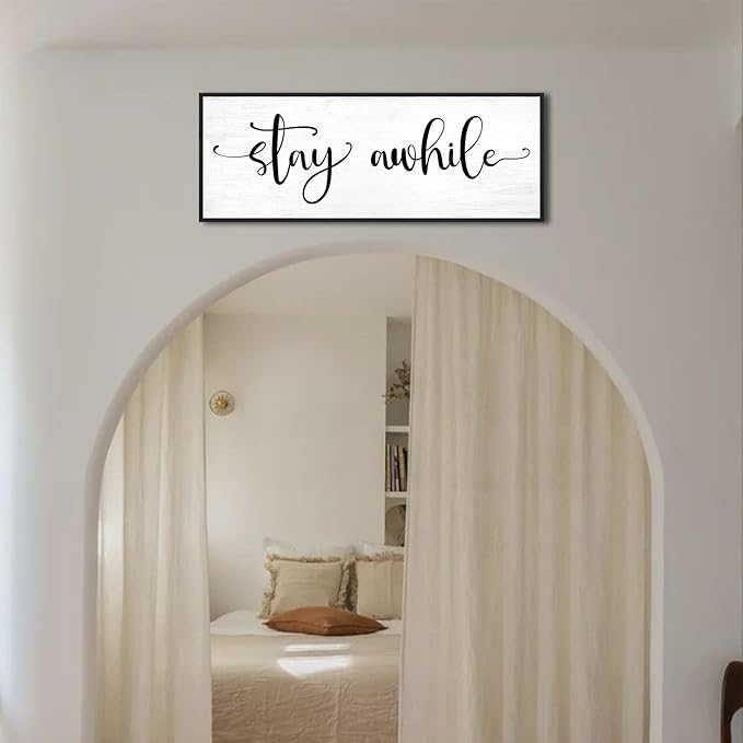 Stay Awhile Sign Wall Decor: 40''×15'' Farmhouse Kitchen Wall Art Print Rustic Framed Canvas Painting, Large Black Hanging Plaque for Dining Room Living Room Bedroom Home Decor