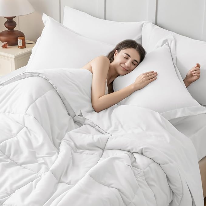 JOLLYVOGUE Queen Comforter Set, Ultra-Soft Bed in a Bag Queen Size 7 Pieces, Oeko-TEX Certified Bedding Set with Down Alternative Comforter, Sheets, Pillowcases & Shams, White