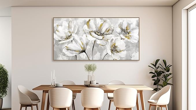 arteWOODS Flowers Framed Wall Art - Gray White Flowers with Yellow Accents Canvas Pictures Wall Decor Botanical Painting Artwork Elegant Floral Prints Living Room Bedroom 40 x 20in Natural Wood Frame