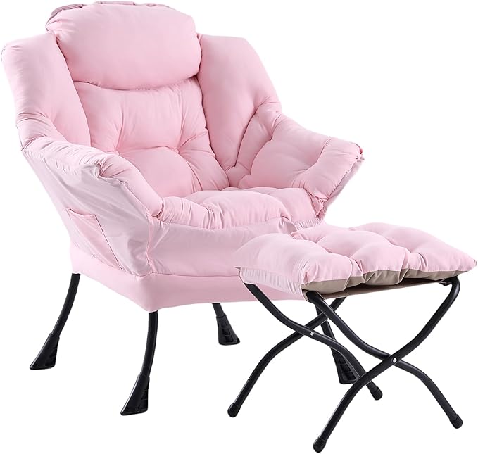 Lazy Chair with Ottoman, Modern Chair with Folding Footrest, Lounge Accent Chair, Comfortable Reading Chair, Oversized Armchairs for Bedroom, Study, Living Room, Courtyard (Pink