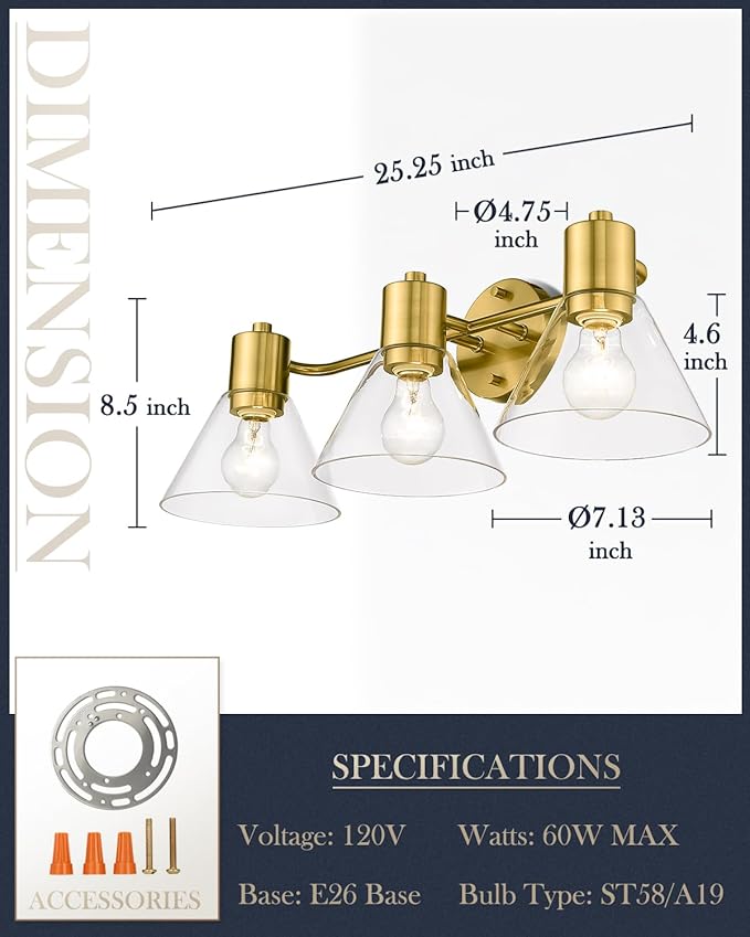 LMS Gold Bathroom Vanity Light Fixtures, 3 Light Bathroom Light Fixtures with Clear Glass Shade, LMS-108