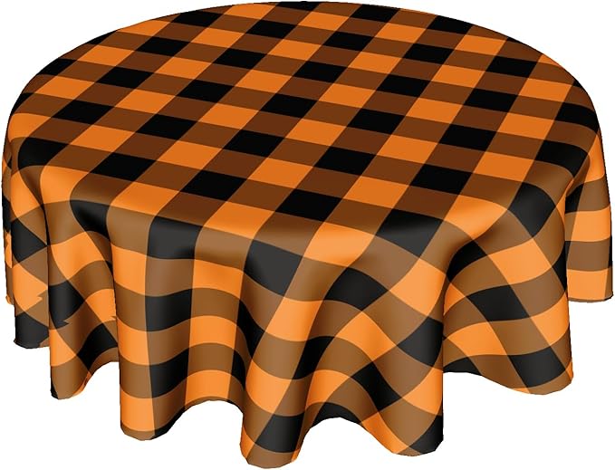 Halloween Tablecloth Round 60 Inch Black Orange Buffalo Plaid Round Table Cloth Autumn Thanksgiving Plaid Table Cloth Fall Autumn Table Covers for Kitchen Dining Room Holiday Party Picnic Decorations