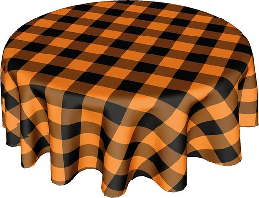 Halloween Tablecloth Round 60 Inch Black Orange Buffalo Plaid Round Table Cloth Autumn Thanksgiving Plaid Table Cloth Fall Autumn Table Covers for Kitchen Dining Room Holiday Party Picnic Decorations