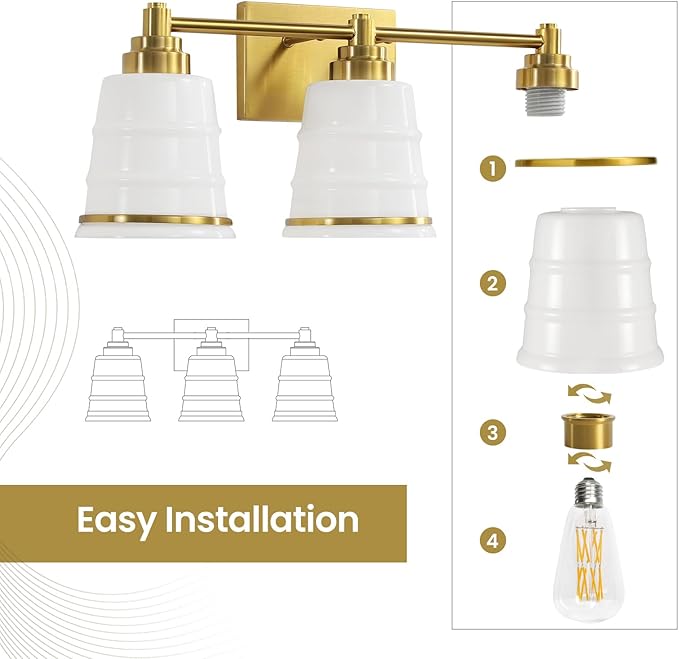 Gold Bathroom Vanity Light Fixture, 3 Light Bathroom Light Fixtures Over Mirror with Milky White Glass and Metal Base Wall Sconce, 21.3inch Modern Vanity Light for Bathroom(Exclude E26 Bulb)