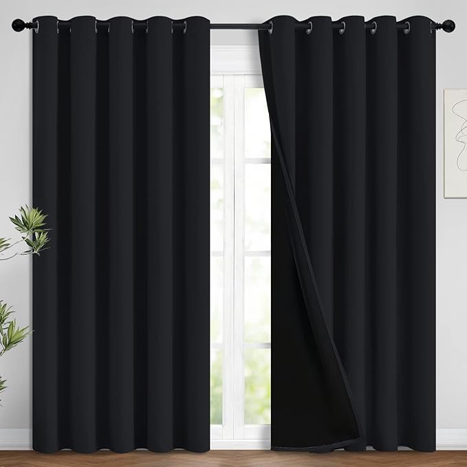 Yakamok 100% Blackout Curtains for Bedroom, 2 Thick Layers Thermal Insulated Grommet Total Blackout Drapes with Black Liner for Living Room (62Wx96L,Black, 2 Panels)