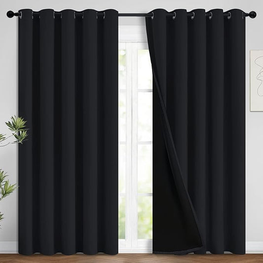 Yakamok 100% Blackout Lined Panels, Thermal Insulated Blackout Curtains for Bedroom, Heat Blocking Drapes for Living Room(62Wx84L, Black, 2 Panels)