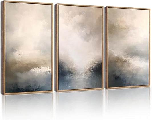 KUVIOKE Boho Abstract Wall Art Framed Minimalist Beige Gray Prints Watercolor Neutral Rustic Artwork Hallway Bedroom Living Room Decor 11x14in (Natural Framed)