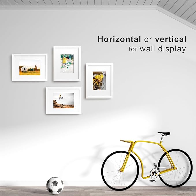 Egofine 9x12 Picture Frames Set of 4, Made of Solid Wood Covered by Plexiglass 5x7 and 6x8 with Mat or 9x12 without Mat, for Table Top Display and Wall Mounting Photo Frame White