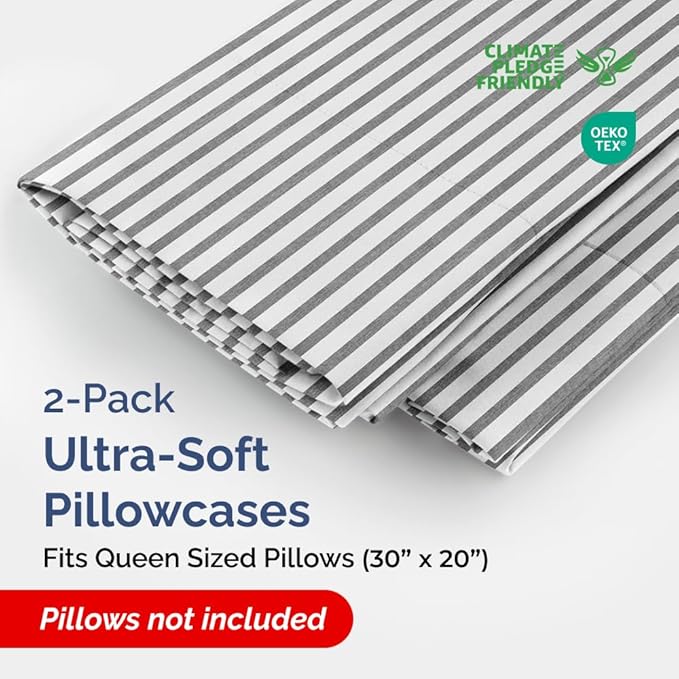 Queen Pillow Cases Set of 2 - Ultra Soft Hotel Quality Pillowcase Covers - Comfy, Cozy & Wrinkle Free - Shrinkage and Fade Resistant - Machine Washable Pillow Protectors - 2 Piece Set - Grey Stripes 2