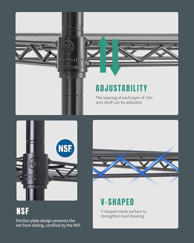 PayLessHere | 6-Tier Wire Shelf with Wheels | 48"x18"x82" | Black | Adjustable Racks | Heavy-Duty Storage Shelves, Holds Upto 510 lbs | Rust-Resistant, No-Tool Assembly | for Home, Garage Shelving