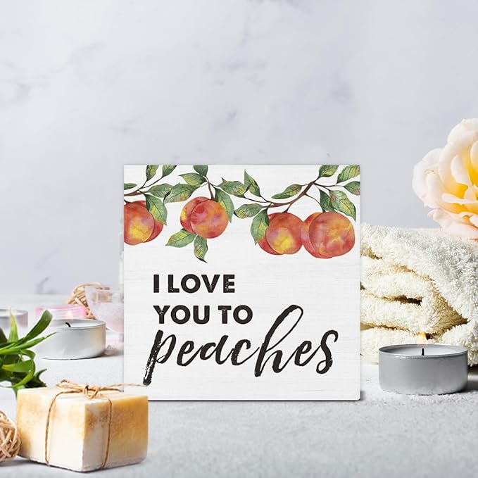I Love You to Peaches Wooden Box Sign Peach Bathroom Decor, Peachy Love Quote Wood Sign for Farmhouse Home Bathroom Kitchen Desk Shelf Table Decorations 5 X 5 Inch