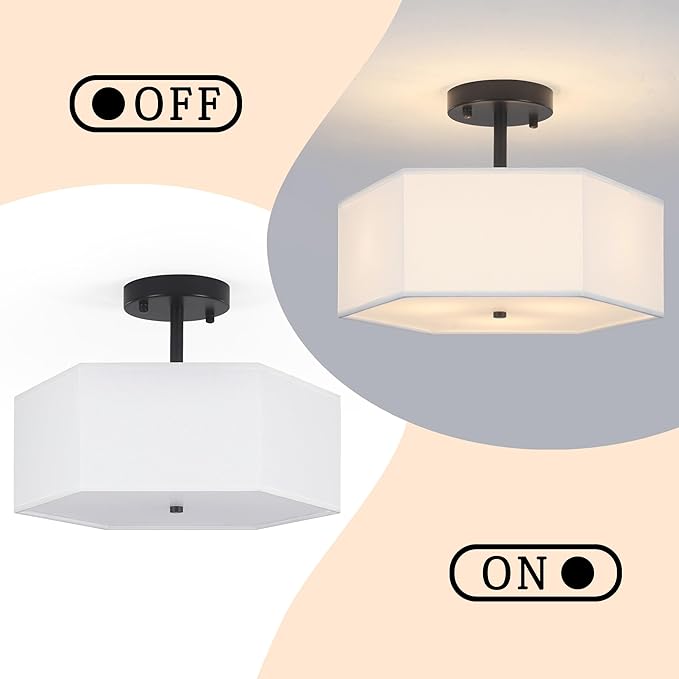 Modern Ceiling Light with White Fabric Shade 3-Light Black Semi Mount Flush Fixture for Bedroom Dining Room Kitchen and Hallway