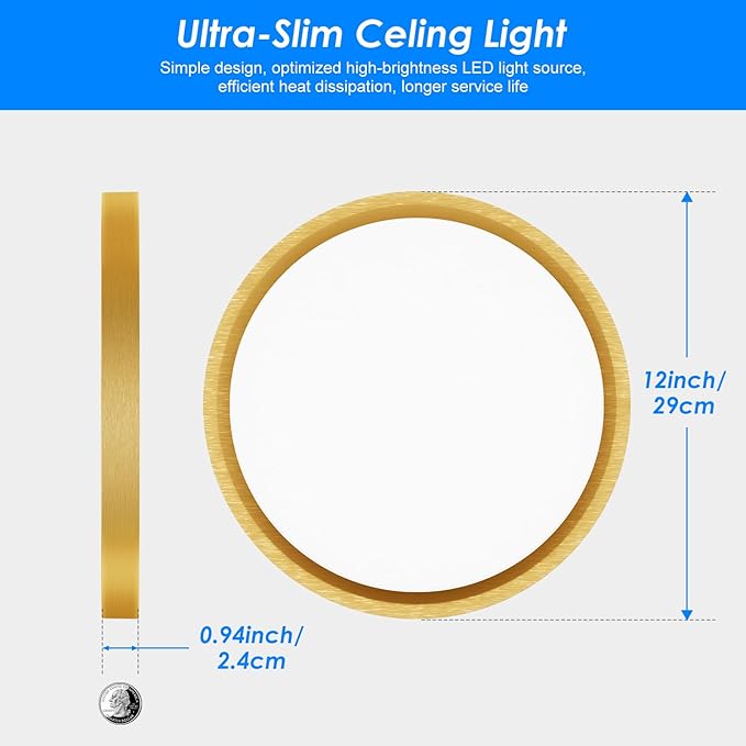 Peasur 12 Inch LED Ceiling Light Gold, 24W Slim Flush Mount Ceiling Light 3000K/4000K/6500K Adjustable, Modern Round Ceiling Lighting for Bedroom, Living Room, Kitchen(2 Pack)