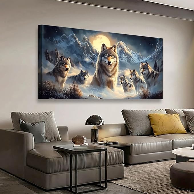 Wolf Pack Pictures Canvas Wall Art for Living room Office Bedroom Wall Decor, Moon Wall Art Print Paintings Modern The Wolf Gray Zoon Artwork Waterproof Ready to Hang-20x40inch