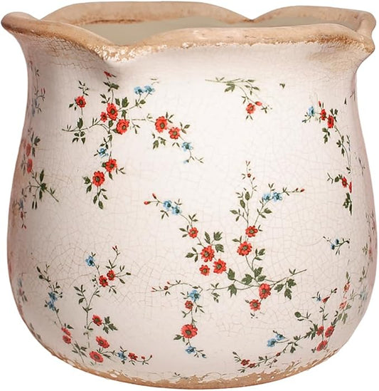 Ceramic Pots for Plants, Vintage Plant Pot with Drainage Hole, 6.11in. Planter for Indoor Plants, Crackle Glaze Finish Flower Pot, Perfect Tuscan Ceramic Planter for Gardening, Small Red Blooms
