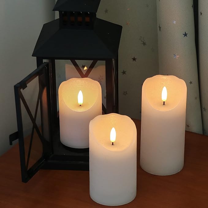 Eldnacele Flameless Flickering Candles with Remote Timer, 3D Wick Real Wax Battery Operated White Pillar Candles with Remote Set of 3 for Home Wedding Party Christmas Decoration (D3” x H4”5”6”)