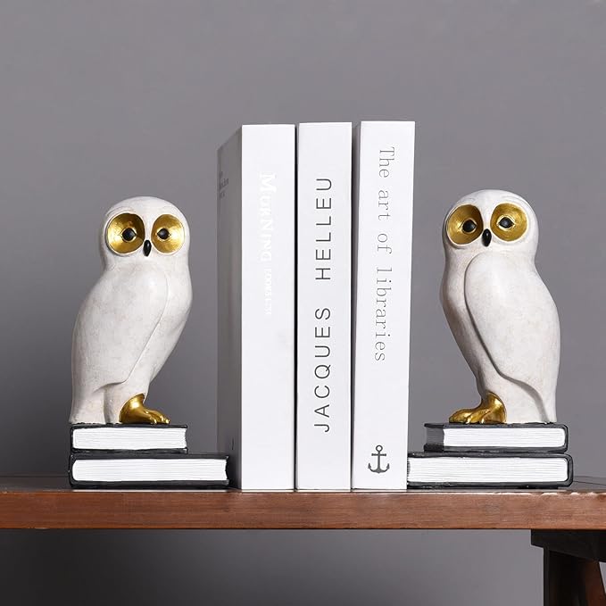 Book Ends for Shelves, Owl Decorative Bookends Bronze Bird Book Stopper Unique Kids Book Holders with Anti-Slip Base Luxurious Bookends for Kids Rooms Office Home Decor(White)