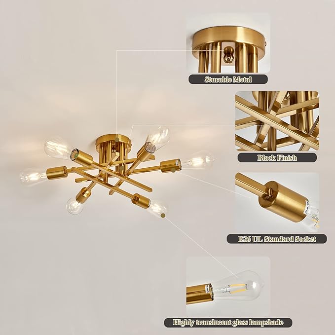 ASGYISA 6-Lights Semi Flush Mount Ceiling Light Fixture Gold Modern Matte Sputnik Chandelier Vintage Ceiling Lamp Farmhouse for Kitchen Bedroom Dining Room Living Room with E26 Bulb Base