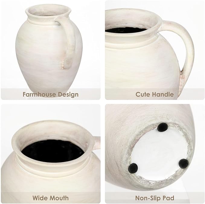 Ceramic Rustic Farmhouse Vase, 7.1" Pottery Beige Pitcher Vase for Flowers Pampas Grass Centerpieces Boho Modern Rustic Farmhouse Decor for Living Room Kitchen Countertop Entryway Dinner Table Shelf