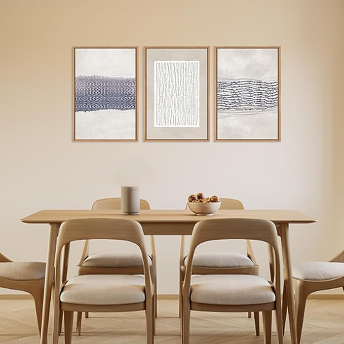 HOURIA Blue White Abstract Neutral Framed Canvas Wall Art Set,Minimalist Boho Waves Lines Wall Decor,Modern Geometric Shapes Print,Mid Century Grunge Artwork for Living Room,Bedroom,Office- 16"x24"x3