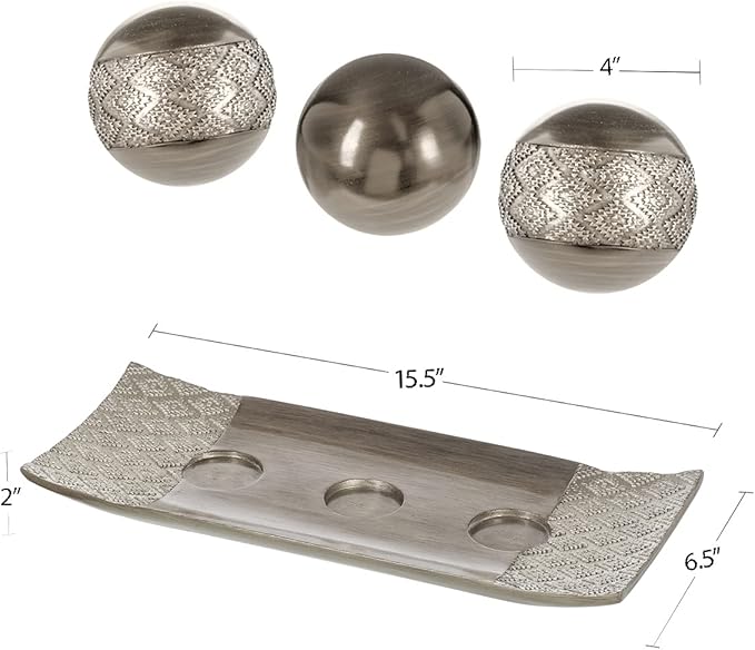 Creative Scents Dublin Silver Decorative Tray and Orbs Balls Set - Centerpiece Bowl with Balls for Dining room Table, Rustic Coffee Table Decor for Living Room Decor, Gift Boxed