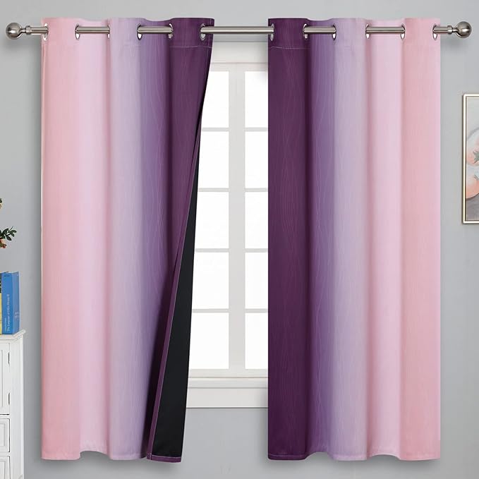 Pink&Purple Curtains 63 Inch Length 2 panels, Full Light Blocking Ombre Blackout Curtains for Kids Room, Thermal Insulated Noise Reducing Gradient Blackout Curtains for Girls boys Bedroom, 42x63 Inch
