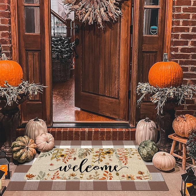 ORTIGIA Welcome Fall Doormat Indoor Outdoor Patio Eucalyptus Leaves Sunflowers Door Mats Non-Slip Entrance Mat for Home Entrance, Outside Entry, Yard, Floor, Patio 32x20 Inch