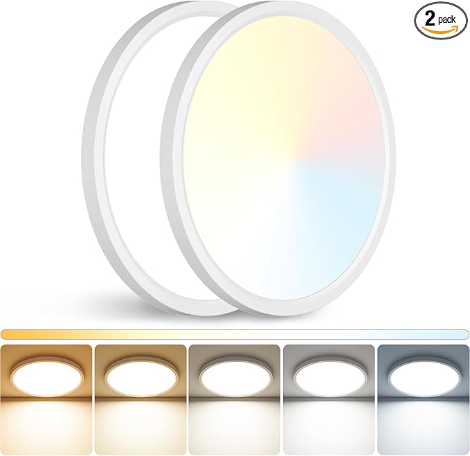 Peasur 12 inch LED Ceiling Light, 3000K/3500K/4000K/5000K/6500K Adjustable Flush Mount Light Fixture, 2400LM 24W Thin White Round Lamp for Hallway Kitchen Bathroom Bedroom, 2Pack