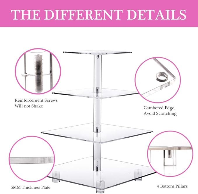 Cupcake Stand – Premium Cupcake Holder – Cady Bar Party Décor – 4 Tier Acrylic Tower Display for Pastry + LED Light String – Ideal for Weddings, Birthday (Pink Light)