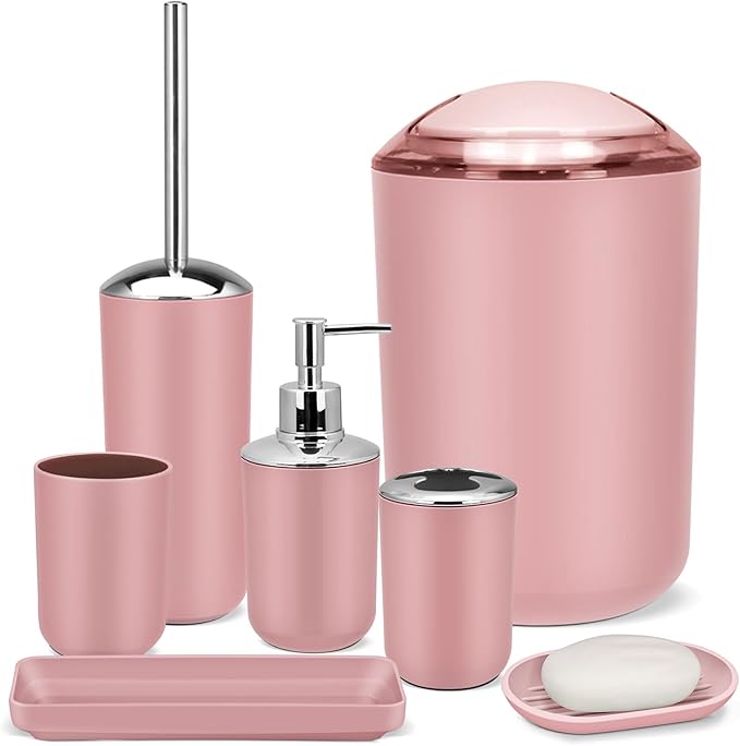 7 Piece Pink Bathroom Set,Soap Dispenser,Toilet Brush,Trash Can & Décor Tray,Complete Accessories for Bathroom Organization & Housewarming Gifts