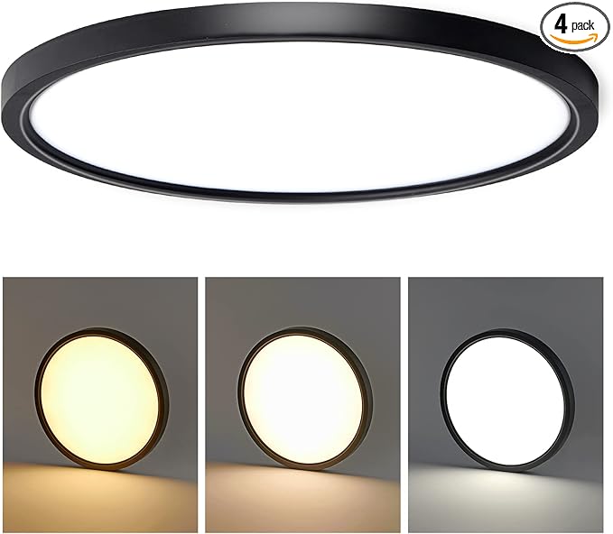 15.8 Inch Black Flush Mount Ceiling Light, Dimmable & 3 Color Temp Selectable, 24W, Large Low Profile, ETL