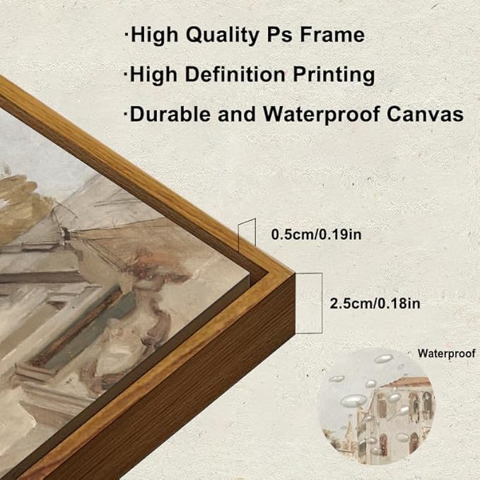 KBKBART Vintage Wall Art, Retro Neutral Italy Wall Art Framed Canvas Art Prints Venice Canva Painting Farmhouse Decor, Rustic Impressionism Scenic Landscape Wall Decor for Bathroom, Bedroom Living Room, Vintage Wall Decor(12"x16")