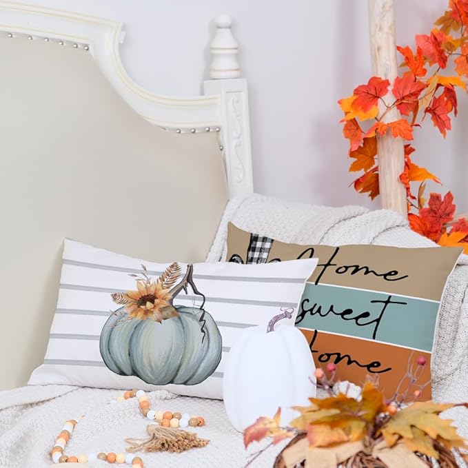 AACORS Fall Pillow Covers 12 x 20 Inch Set of 4, Pumpkin Home Sweet Home Thankful Grateful Blessed Harvest Floral Decorations Autumn Seasonal Pillow Case Decor for Sofa Couch AA275-12