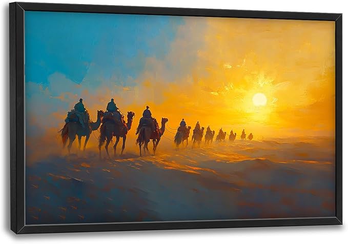 Flintis Large Desert Camel Framed Wall Art Sunset Camels Pictures Wall Decor Abstract Natural Landscape Canvas Painting Print Artworks Framed for Living Room Bathroom Master Bedroom 36L X 24W