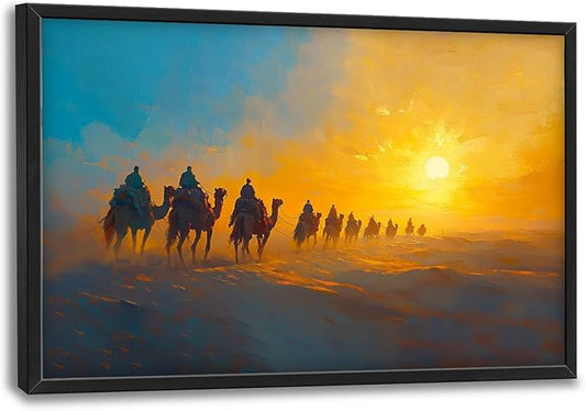 Flintis Large Desert Camel Framed Wall Art Sunset Camels Pictures Wall Decor Abstract Natural Landscape Canvas Painting Print Artworks Framed for Living Room Bathroom Master Bedroom 36L X 24W