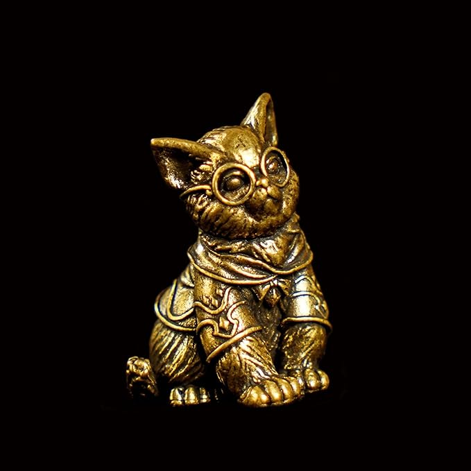 CHOVY Retro Handcrafted Scholarly Cat Ornament - 100% Solid Brass Desk Decor Intellectual Kitten Sculpture with Doctoral Glasses Vintage Style Collectible Art Piece Unique Gift for Cat Lovers