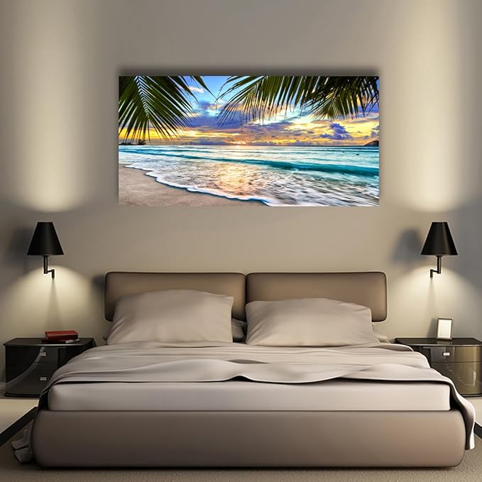 Beach Pictures Canvas Wall Art for Living room Bedroom Wall Decor,Sunset and Beautiful clouds Wall Art Print Paitnings for home Decor,Morden Artwork Waves Canvas Art Waterproof Stretched Ready to