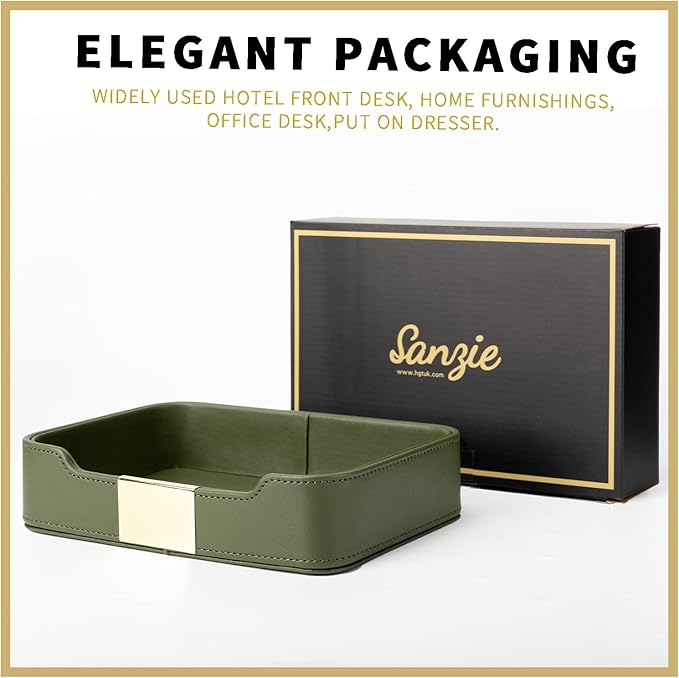SANZIE Luxury Leather Tray Desktop Storage Catchall Organizer Decorative Tray for Entryway Table to Hold Jewelry Watch Keys Phone Wallet (Metal Glided, Green)