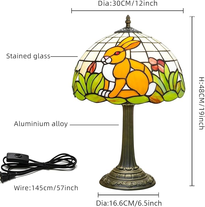 Uniquel Cute Brown Rabbit Tiffany Lamp Retro Style Stained Glass Table Lamp Vintage Aesthetic Bedside Lamps for Bedroom Nightstand Night Stand Lighting Reading Unusual Kids Decor Desk Lamp 12 Inch