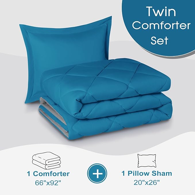 Basic Beyond Twin Comforter Set - Blue Comforter Set Twin, Reversible Twin Bed Comforter Set for All Seasons, Algiers Blue/Charcoal Gray, 1 Comforter (66"x92") and 1 Pillow Sham (20"x26"+2")