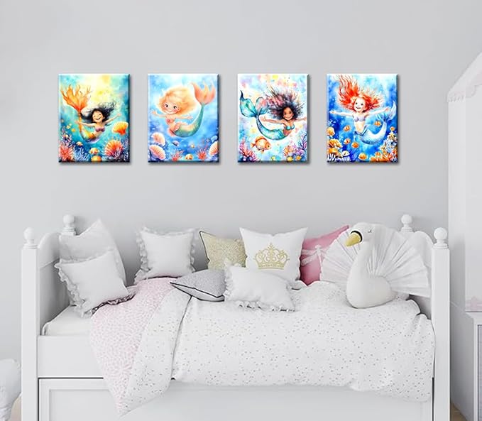 Framed Mermaid Wall Art,Mermaid Nursery Wall Art Prints,Ocean Bathroom Decor Prints,Mermaid Pictures Coral Wall Decor Canvas Prints for Girls Room Wall Decor Set of 4(8"x10")