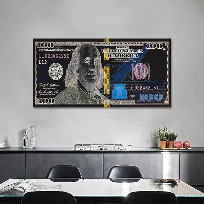 Large Size 1 Big Pcs Benjamin Franjlin 100 Dollar Canvas Wall Art Creative Motivational USD Money Artwork Office Home Decor for Walls Inspirational Gift for Men Gallery Wrapped Ready to Hang-48"Wx24"H