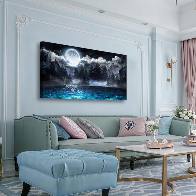 Moon Ocean Pictures Canvas Wall Art for Living room Office Bedroom Wall Decor,Ocean Wall Art Print Paintings Modern Mystery Cloud Forest Blue Lake Artwork Waterproof Ready to Hang-20x40inch