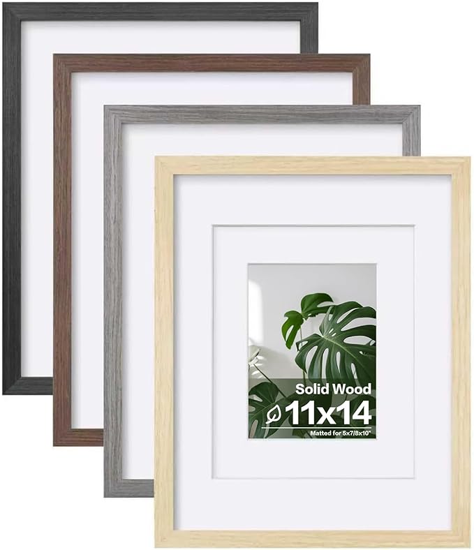 Egofine 11x14 Picture Frame Set of 4, Made of Solid Wood Multicolor Photo Frames Covered by Plexiglass 5x7 and 8x10 with Mat or 11x14 without Mat, for Table Top Display and Wall Mounting Mixed Colors
