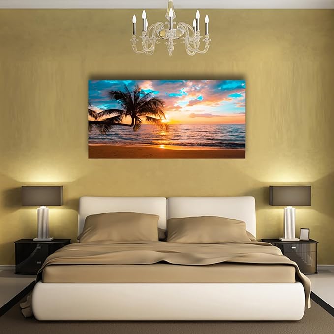 Sunset Beach Picture Canvas Wall Art Print for Living Room and Bedroom Wall Decor,Seascape Palm Landscape Print Paitnings for home Decor,Morden Artwork Sunset Canvas Art Waterproof Stretched Ready to