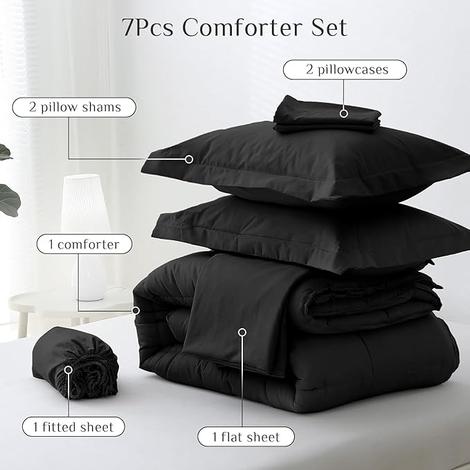 JOLLYVOGUE King Comforter Set, Ultra-Soft Bed in a Bag King Size 7 Pieces, Oeko-TEX Certified Bedding Set with Down Alternative Comforter, Sheets, Pillowcases & Shams, Black