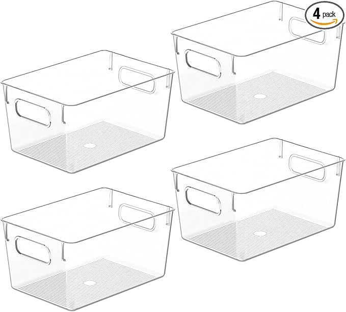 Clear Plastic Storage Bins, Pantry Organizers and Storage Containers Fridge Organizer Bins Kitchen Cabinet Organizer for Organizing Home, Bathroom, Freezer, Refrigerator. (10 x 7.3 x 5)