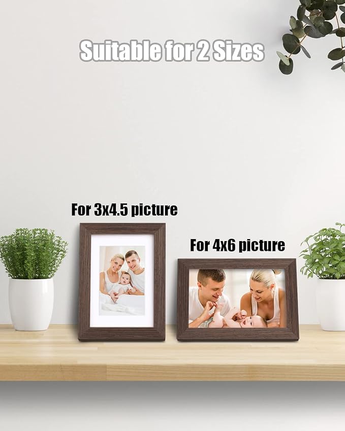 Egofine 4x6 Picture Frames Set of 4, Made of Solid Wood Covered by Plexiglass 3.5x5 with Mat or 4x6 without Mat, for Table Top Display and Wall Mounting Photo Frame Brown