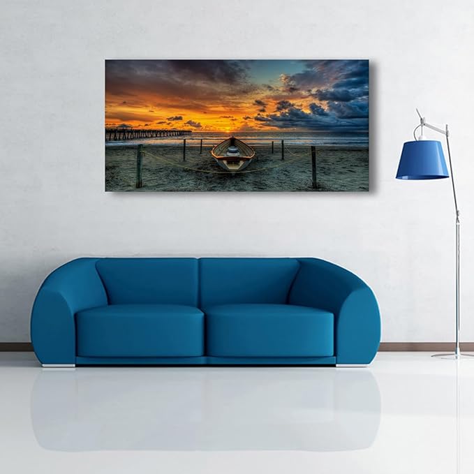 Beach Themed Wall Art Canvas Prints Seascape Poster Bathroom Décor Boat Ocean Sunset Landscape Paintings for Bedroom Dining Room Home Kitchen Decorations Natural Artwork 28x57 Picture Wooden Frames
